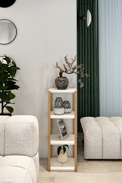 Jest Dekor Konsept Aden 4 Katlı Beyaz Ahşap Köşe Sehpası / Çok Amaçlı Dekorat...