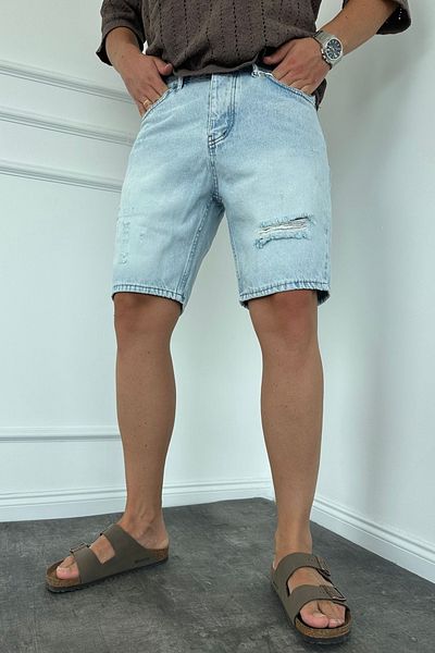 MADZEYMODA Ανδρικό Ice Blue Ripped Λεπτομερές ύφασμα τζιν Jean τζιν σορτς KE-580