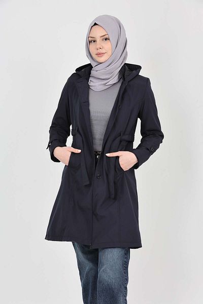 S&V TEKSTİL Women's Navy Blue New Trend Hijab Trench Coat