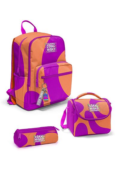 Coral High Dark Pink Orange Patterned 3-Piece School Bag Set Set0123684