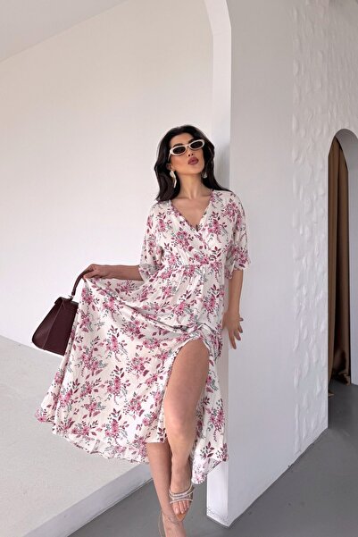 BLUSS Women's Slit Detailed Floral Patterned V-Neck Summer Dress