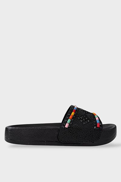 Liger Women's Black-Orange Face Slippers with Stones Stylish Summer Home Beach Vacation Slippers