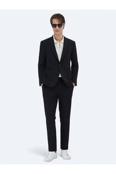 Kip Black Plain Fitted Fit Knitted Suit