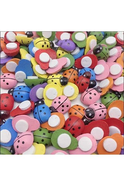 yiğit aksesuar 100Pcs Wooden Mini 9*13 mm Ladybug Adhesive Stiker Label Beads
