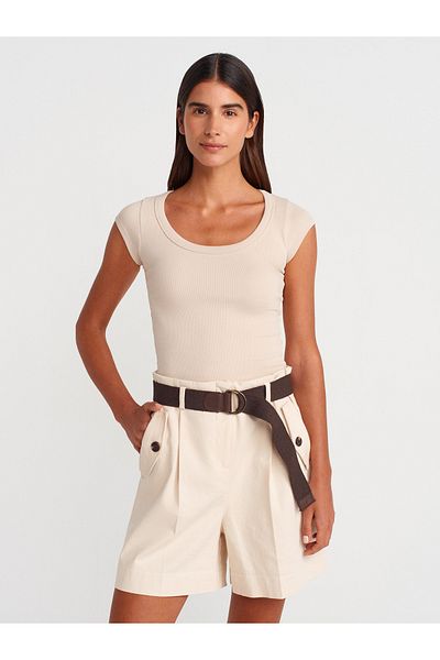 Dilvin 31808 Round Neck Ribbed T-Shirt-Beige