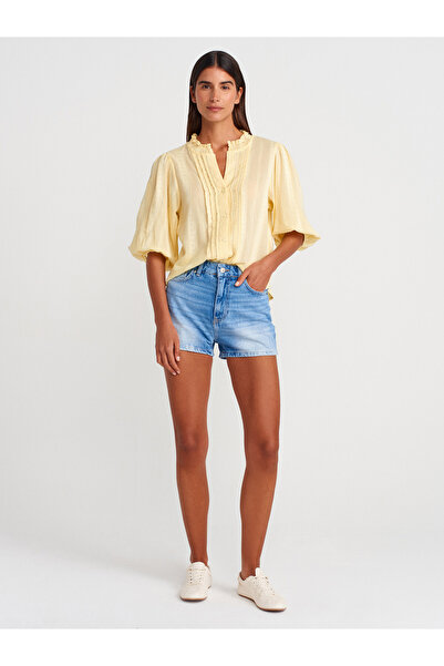 Dilvin 5807 Nervür Detaylı Balon Kol Gömlek-Açık Sarı