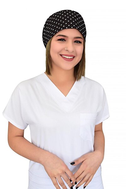 Nur Ortopedi Unisex Siyah Yıldız Desenli Doktor Hemşire Aşçı Cerrahi Bonesi