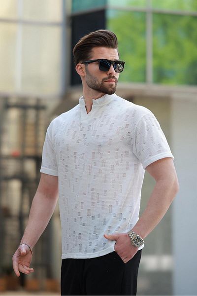 Madmext Tricou de bază pentru bărbați cu guler Ecru Judge E7148