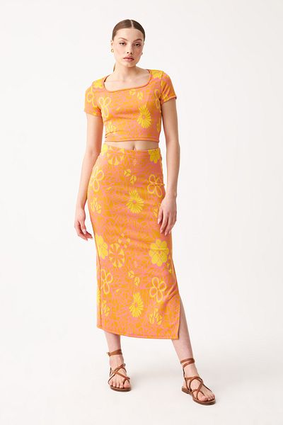 Know Women's Orange Jacquard Fabric Square Neck Crop Maxi Length Skirt Suit