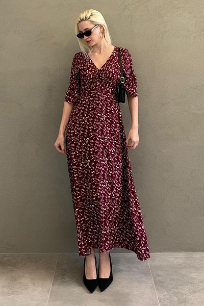 Madmext Rochie cu jumătate de mânecă cu imprimeu floral burgundă MG2390