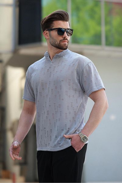 Madmext Ανδρικό μπλουζάκι με γκρι βαμμένο Judge Collar Basic E7148