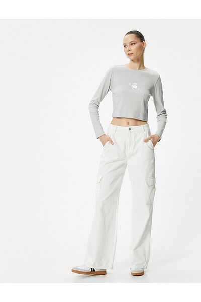 Koton Cotton Printed Long Sleeve Boat Neck T-Shirt