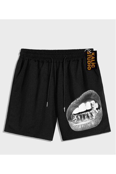 Kalic Studio Pantaloni scurți de vară negri cu model UNISEX Mr. Grillz