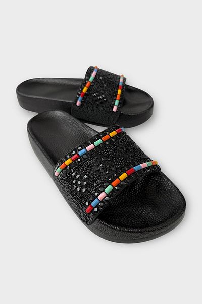 Liger Women's Black-Orange Face Slippers with Stones Stylish Summer Home Beach Vacation Slippers