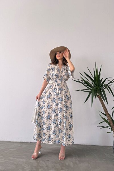 BLUSS Γυναικείο καλοκαιρινό φόρεμα με λεπτομέρεια με λαιμόκοψη με λαιμόκοψη μ...