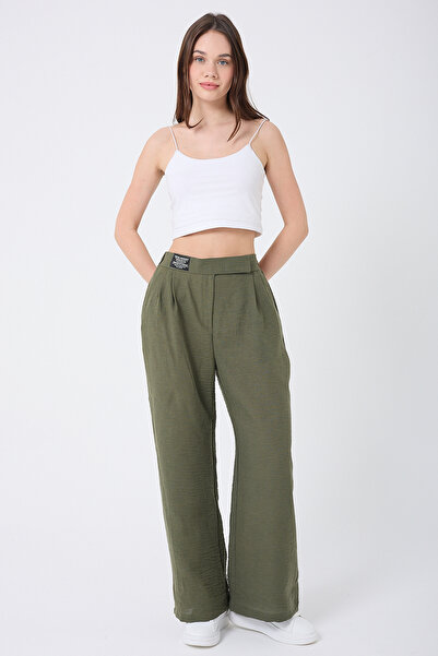 Royalside Γυναικείο ψηλόμεσο παντελόνι Velcro Khaki Palazzo