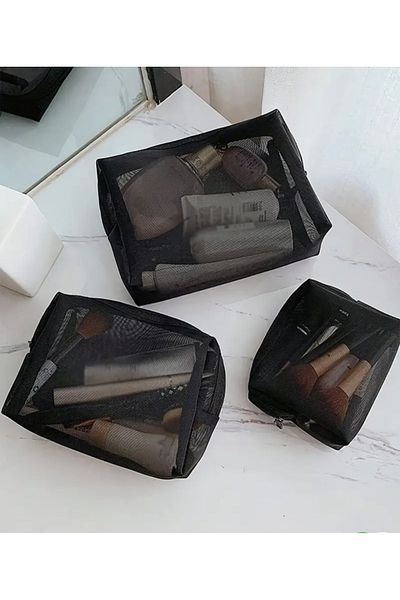 Pinkimaj Black Makeup Bag Set of 3 Transparent Organizer