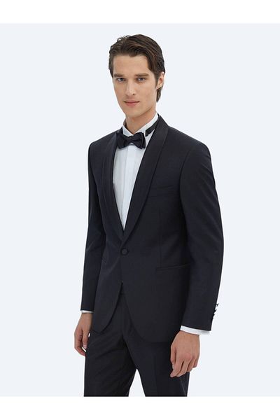 Kip Black Plain Slim Fit Shawl Collar Woven Tuxedo Suit