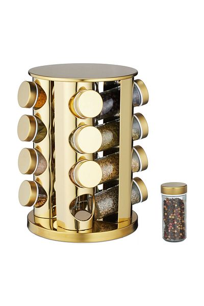 Relaxdays Rotating spice set, 16 containers, gold/transparent, stainless steel/glass, 27.5 x 20 x 20 cm