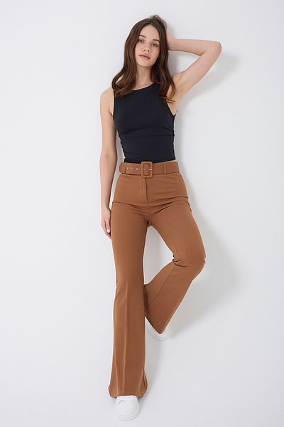 Royalside Pantaloni de damă cu talie înaltă, cu talie înaltă, spaniole, bronzate