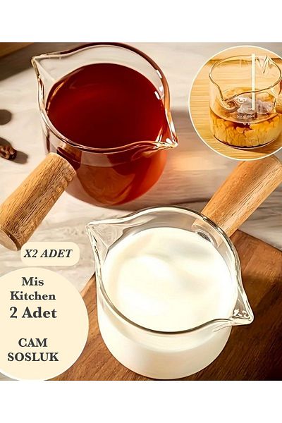 MİS KİTCHEN 4 Mini Sauce Bowls - Small Glass Sauce Bowl with Wooden Handle, Jam Bowl Presentation Bowl