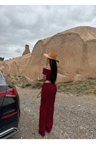 Siner Fashion Women's Burgundy Madonna Collar Blouse Loose Wide Leg Pants Bottom Top Set