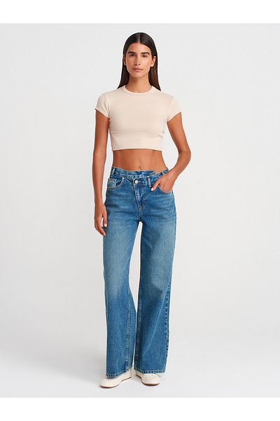 Dilvin Tintă asimetrică cu paiete din denim cu picioare largi