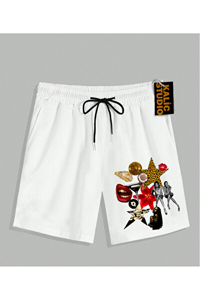 Kalic Studio Pantaloni scurți de vară albi cu model UNISEX Mr. Grillz