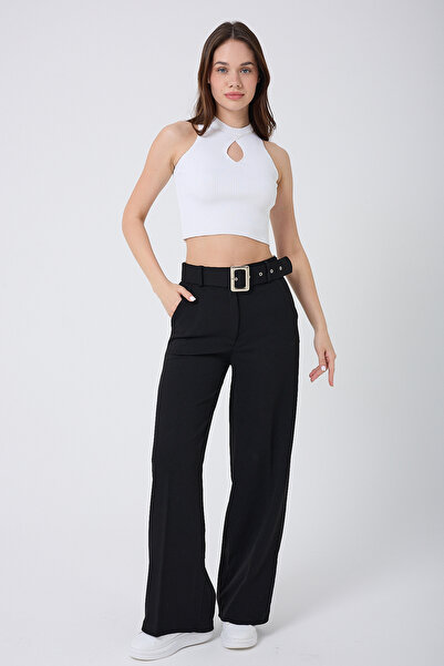 Royalside Жіночі брюки з високою талією, з поясом, чорні, з широкими штанинами