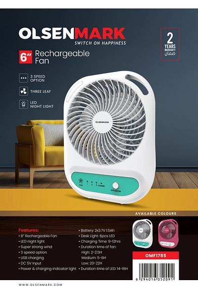Olsenmark 6" Rechargeable Fan With Led Light Omf1785 Long Working Hours And 3 Wind Speed