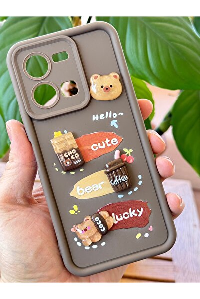 Fibaks Vivo Y35 Kılıf Tasarımlı Desenli Kamera Korumalı Ayıcık Kahve Renkli Yumuşak Silikon Kap