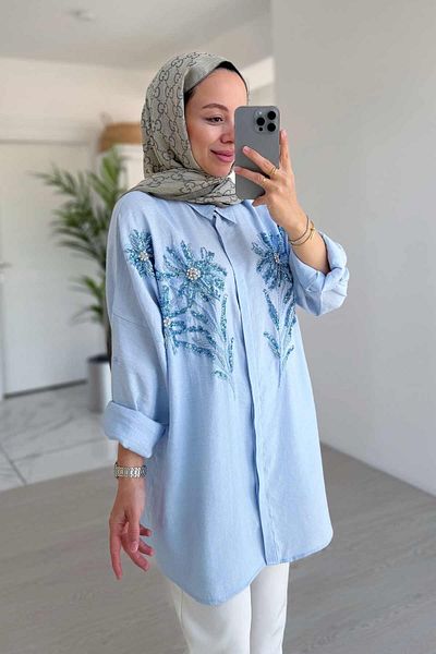 Ka Hijab Cămașă brodată cu model de flori albastre