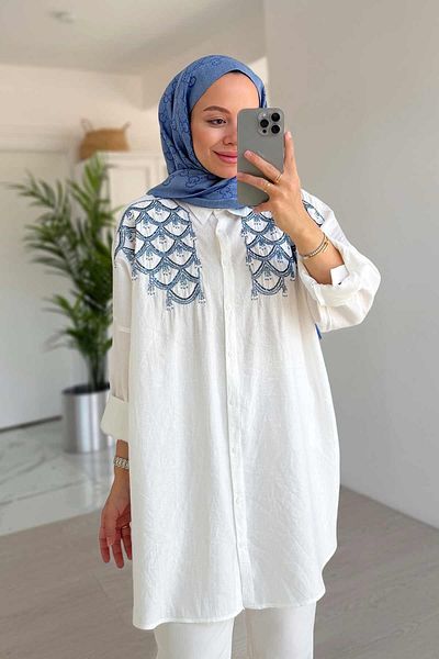 Ka Hijab Cămașă drapată cu coajă - albă