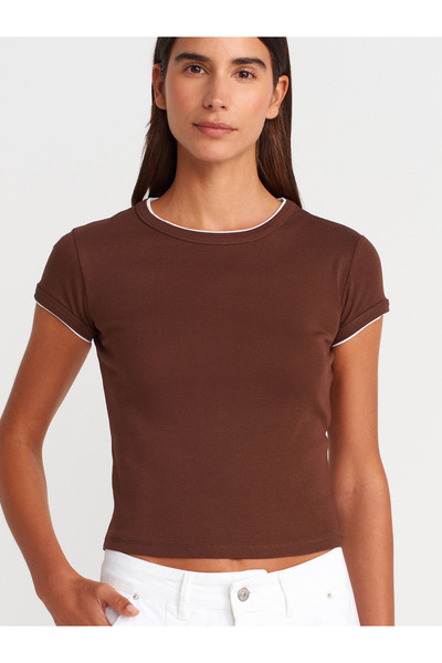 Dilvin 31750 Μπλουζάκι με κοντό μανίκι αντίθεσης-ανοιχτό καφέ