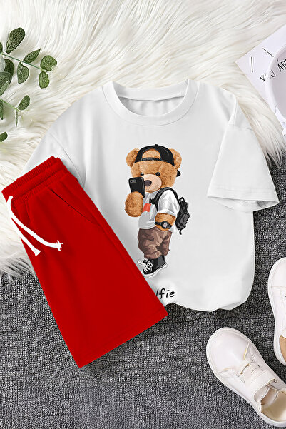 TARZ STİL Cool Bear Printed 2-Piece Children's Set with Special Design Selfie Hat