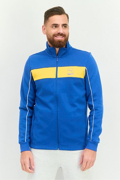 Puma Men Slim Fit Long Sleeves Outdoor Sweatshirt, Teal Blue/yellow