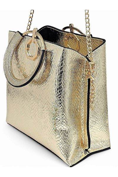 Evident Gold Herringbone Printed Hand and Shoulder Women's Bag with Ring Handles