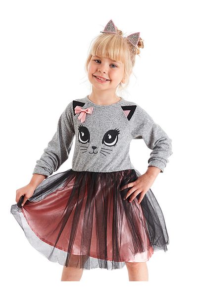 Denokids Graues flauschiges Tutu-Kleid aus Tüll mit langen Ärmeln für Mädchen
