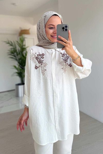 Ka Hijab Cămașă decorată cu margele - albă