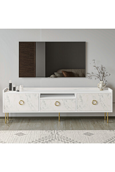 İNARCH DİZAYN T0015 Lidya Kapaklı, Açık Raflı Tv Sehpası, Tv Ünitesi Beyaz/Mormo Beyaz Mermer