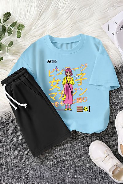 MYADA Set de 2 piese pentru copii cu imprimeu pentru fete roz cu personaje anime premium 22979