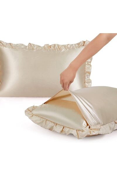 SB SizinBazar 2 Pcs Beige Color Satin Pillowcase for Hair and Skin Ruffled Pillowcase Soft to the Touch