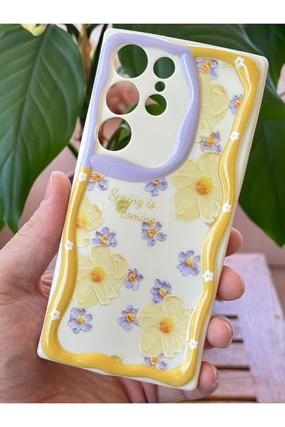 Fibaks جراب لهاتف Samsung Galaxy S23 Ultra بتصميم منقوش مع حماية للكاميرا وغطاء سيليكون ملون على شكل زهرة الأقحوان