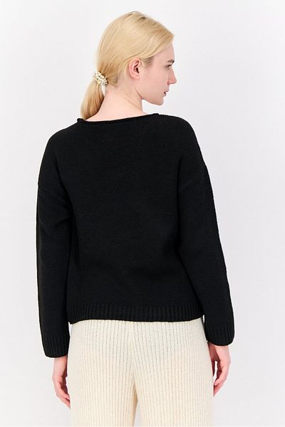 No Comment Women Crew Neck Textured Sweater, Black