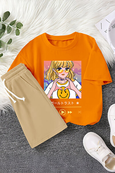 TARZ STİL Premium Heart Mark Cartoon Character Printed 2-Piece Children's Set 22810