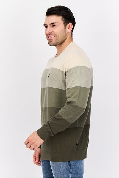 Nautica Men Crew Neck Colorblock Logo Sweater, Beige/olive