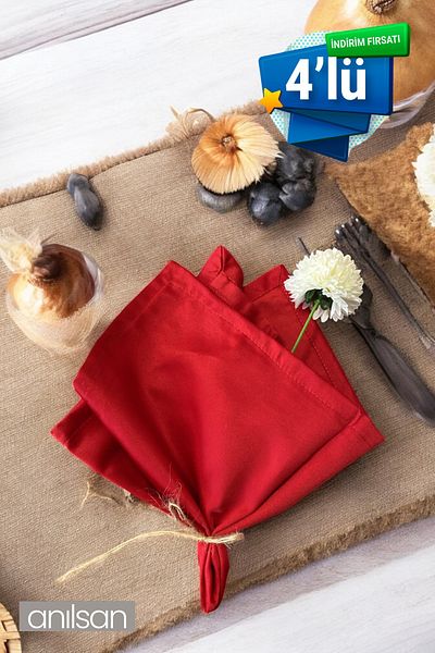 Anılsan Set of 4 100% Cotton Fabric Napkins Red 50X50 cm Kitchen Cloth Tableware Presentation Serving Napkin
