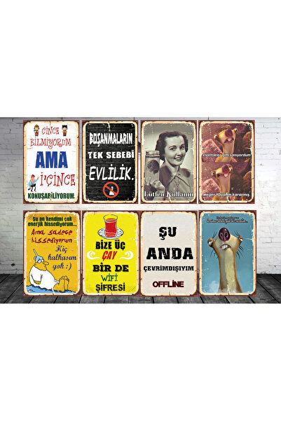 Genel Markalar komik Sözler Temalı 8 Parça 20x30 CM Retro Ahşap Tablo Seti 02