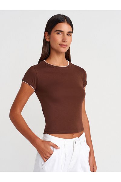 Dilvin 31750 Contrast Short Sleeve Tshirt-Light Brown