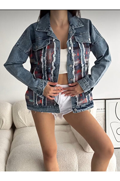 Akasha Design Mickey mouse dijital baskılı kot ceket